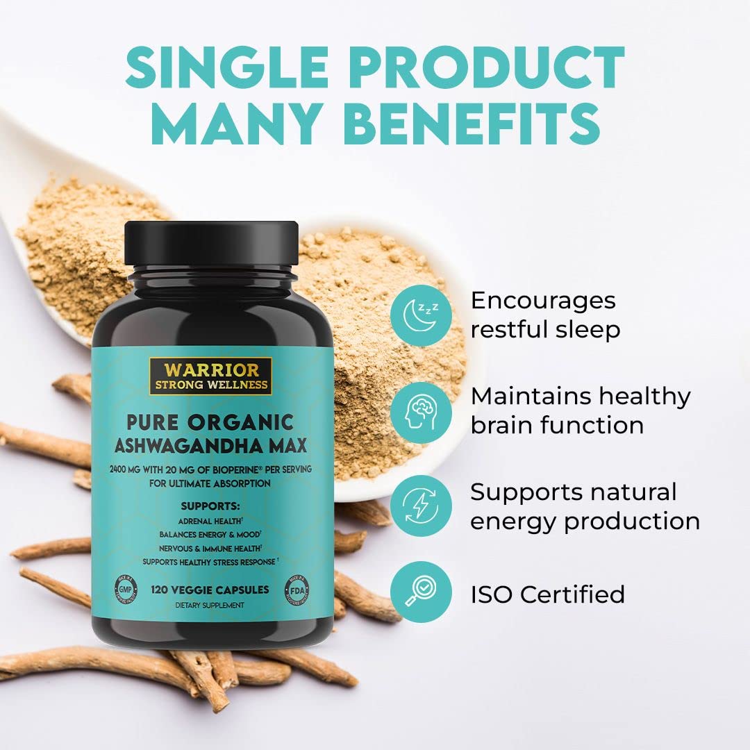 Warrior Strong Wellness Pure Organic Ashwagandha with Bioperine, 120 Capsules
