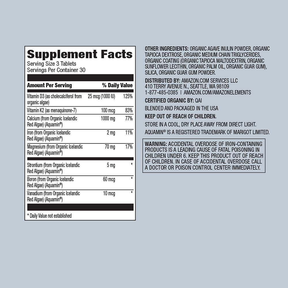 Amazon Elements Organic Whole Food Calcium & Magnesium, 90 Tablets