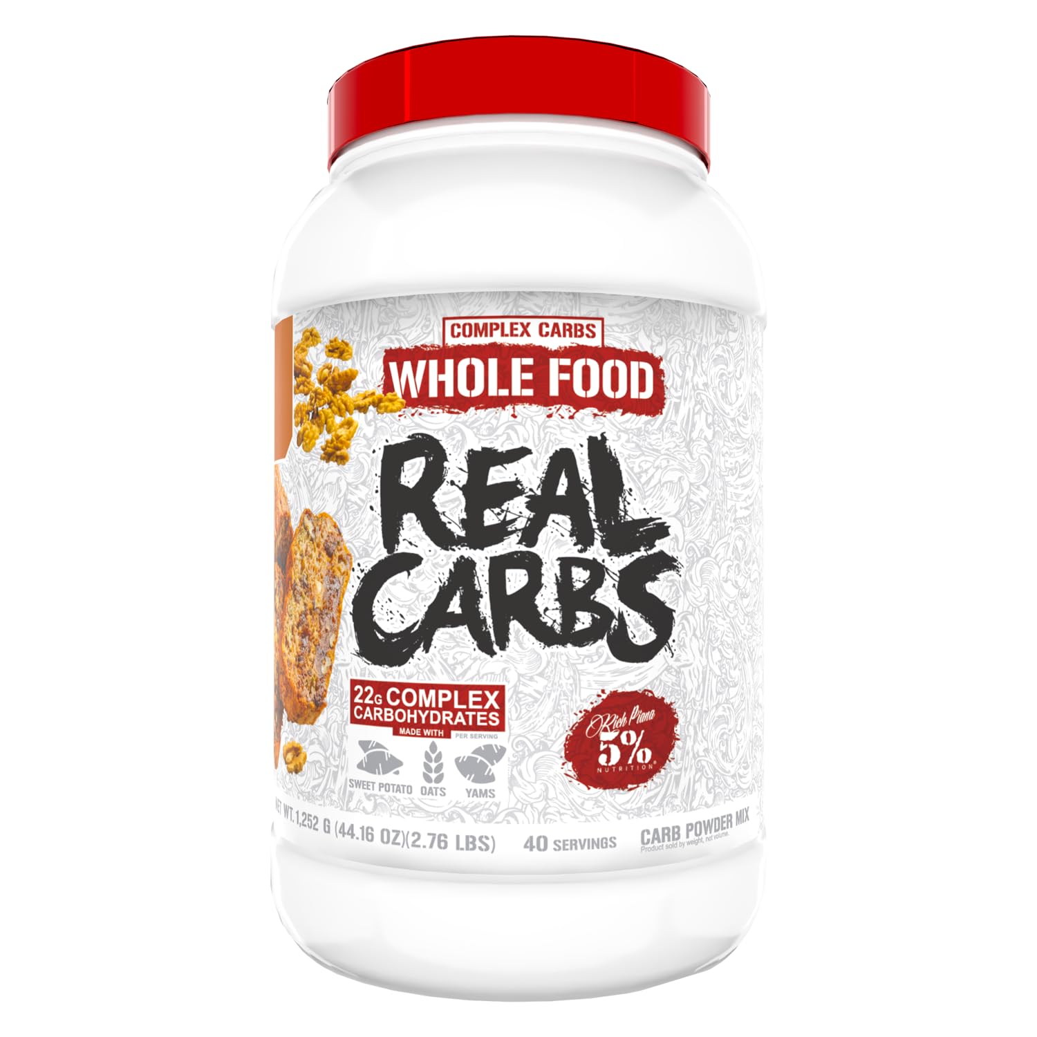5% Nutrition Rich Piana Real Carbs with Real Food Complex Carb Powder, Banana Nut Bread, 40 Servings
