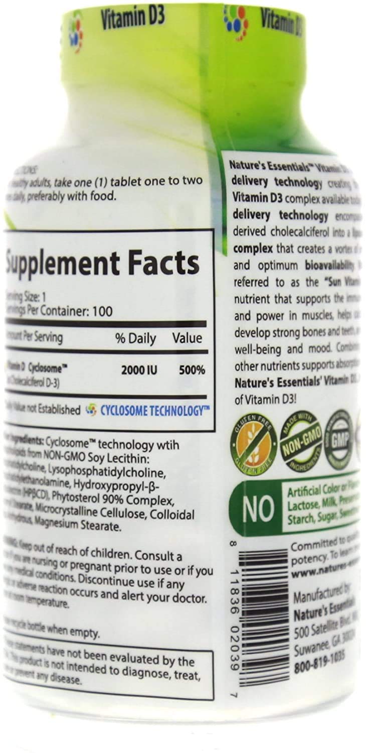Nature's Essentials Vitamin D3 2000IU Tablet, 100 Count