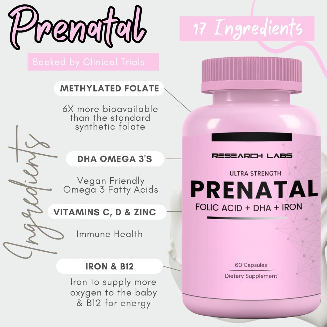 Research Labs Prenatal Vitamins for Women 2 Fer 1 Ad: 6X More Bioavailable Methylated Folate Folic Acid MTHF 5 Capsules, 120