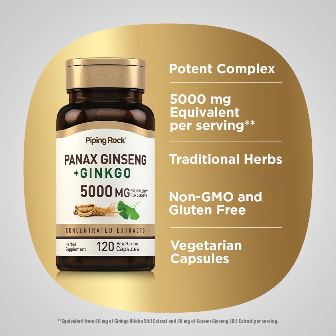 Piping Rock Panax Ginseng & Ginkgo Biloba Supplement 120 Capsules