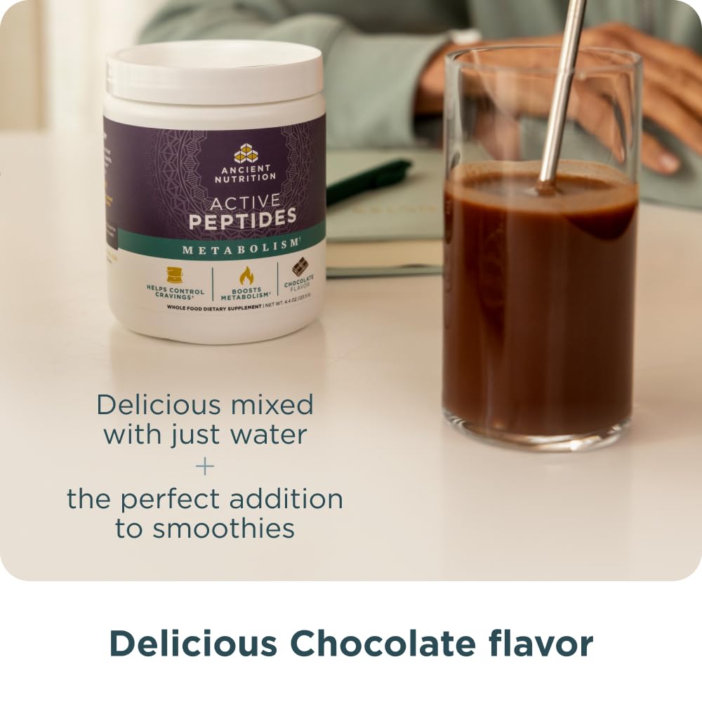 Ancient Nutrition Active Peptides Metabolism Powder, Bioactive Yeast Peptides with Cocoa & Citrus Extracts for Appetite & Metabolic Hormone Support, Non-Stimulant Weight Management Formula, Chocolate, 4.4 Ounce
