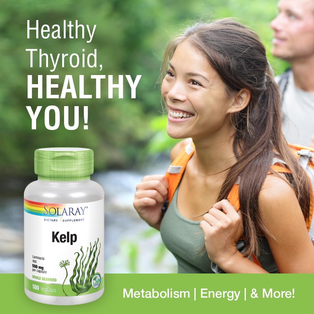 SOLARAY Kelp 550 mg with Folic Acid for Healthy Thyroid Function, Energy & Metabolism Support Capsule, 180 Count