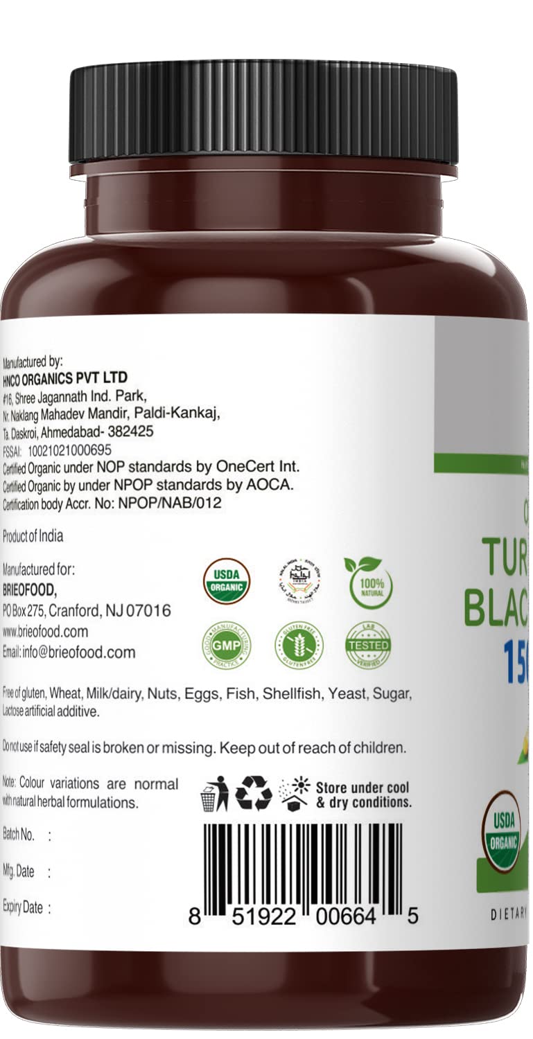 Brieofood Organic Turmeric with Black Pepper 1500mg, 90 Tablets