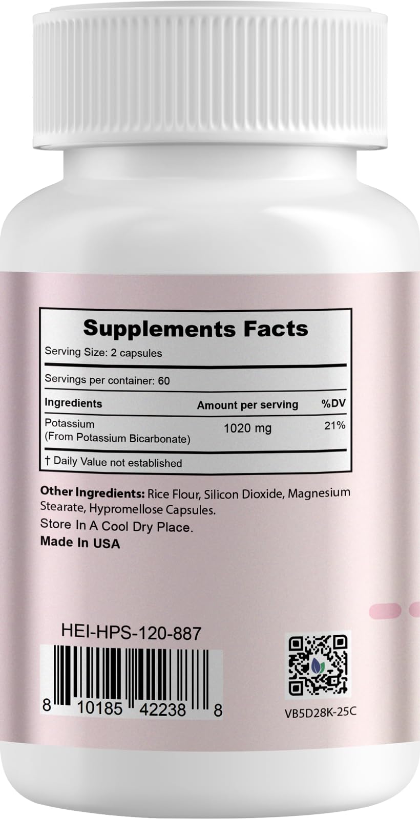 Heivy Potassium Supplement 1020 mg Potassium Bicarbonate, 120 Vegetarian Capsules