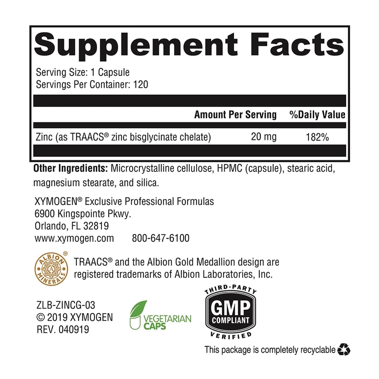 XYMOGEN Zinc Glycinate 20 mg Highly Absorbable Zinc Supplement Capsules, 120 Count
