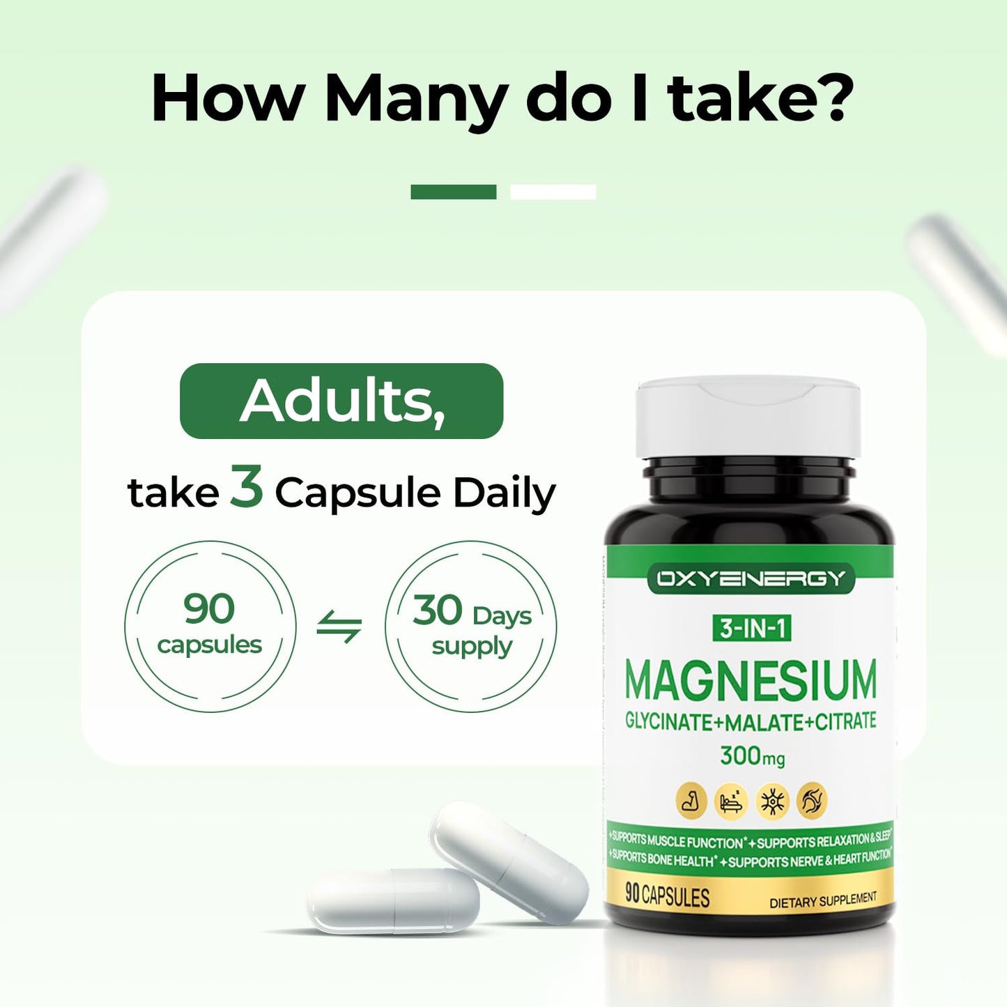 OxyEnergy Triple Magnesium Complex Supplement, 3 in 1 Chelated Magnesium (Glycinate, Malate, Citrate), 300 mg per Capsule, High Absorption, Vegan, 90 Capsules