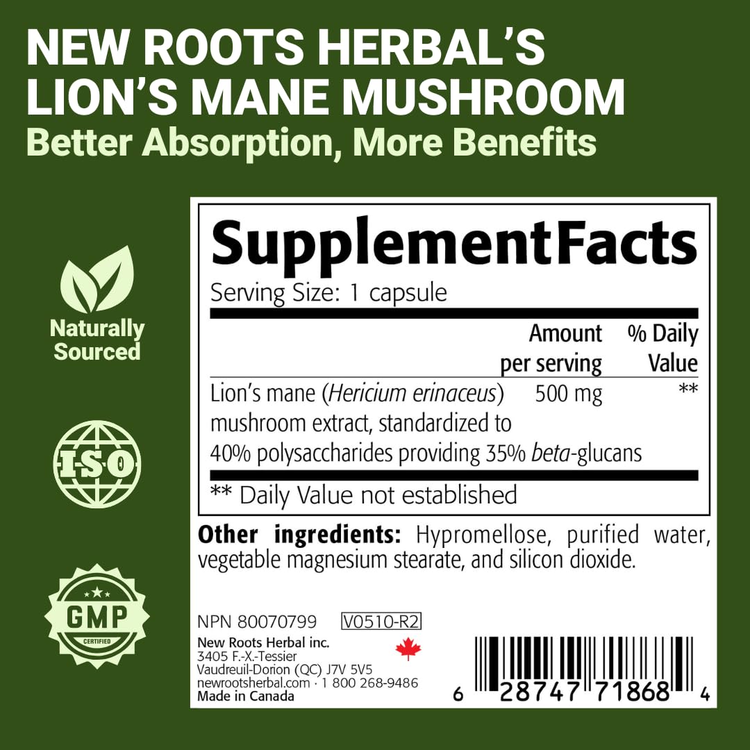 NEW ROOTS HERBAL Lions Mane Supplement Capsules, 60 Caps