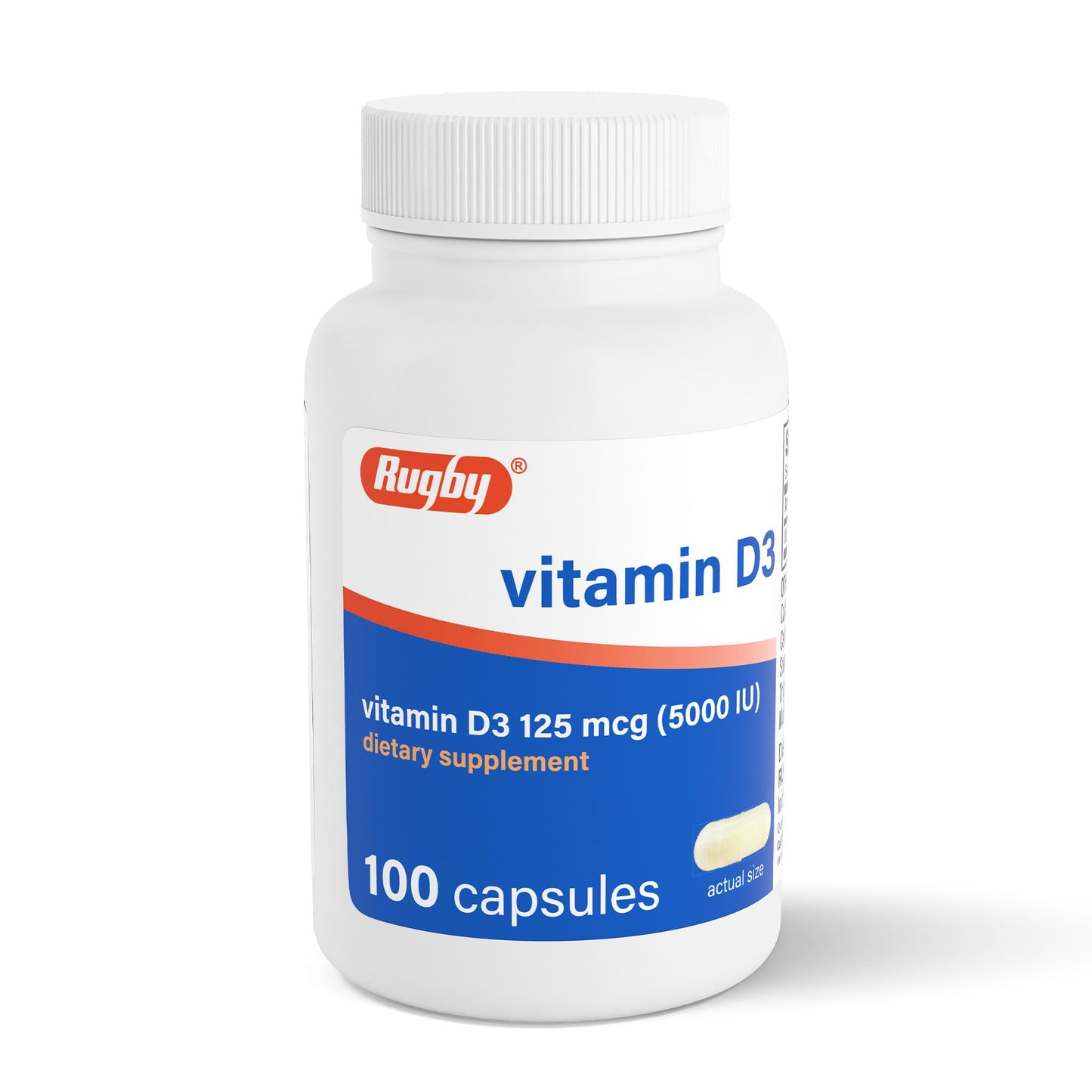 Rugby Laboratories Vitamin D3 5,000 IU (125 mcg) Vitamin D Dietary Supplement for Bone, Teeth, and Immune Health Capsule, 100 Count