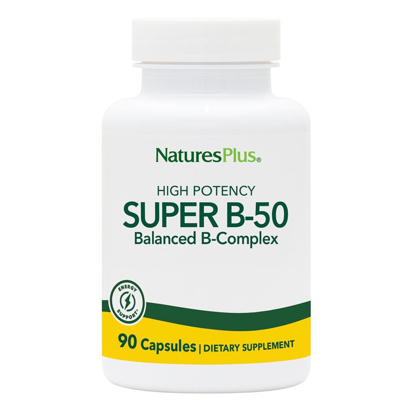NaturesPlus Super B-50 - High-Potency B Complex Vitamin with Choline, Inositol & PABA - Supports Energy, Recovery & Healthy Skin and Hair - Vegan, Gluten Free, 90 Vegetarian Capsules
