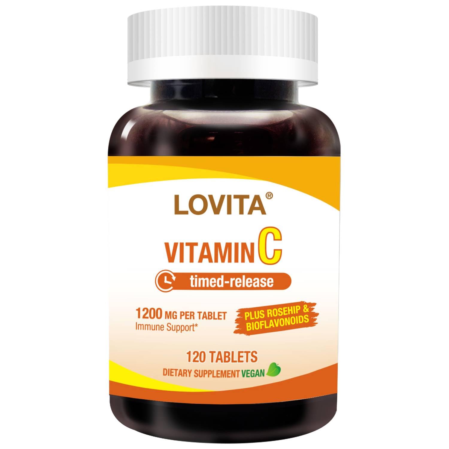 LOVITA Vitamin C 1000mg with Citrus Bioflavonoids & Rosehip, Timed Release Coating, High Potency 3-in-1 Formula, Immune Support, 120 Vegan Tablets