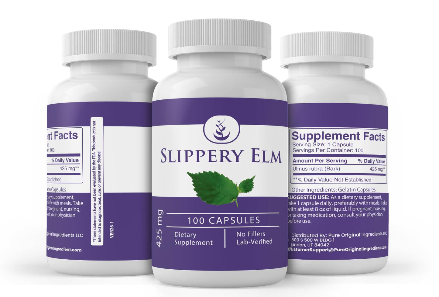 PURE ORIGINAL INGREDIENTS Slippery Elm, 100 Capsules