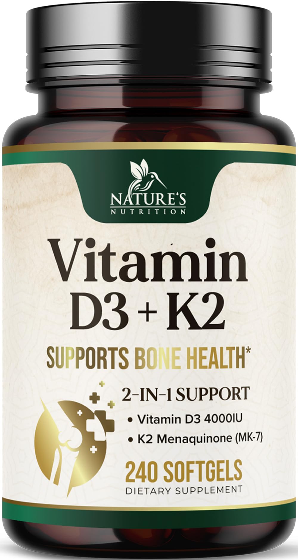 Nature's Nutrition Vitamin D3 & K2 Softgels 4000 IU (100 mcg) per Serving, 2-in-1 for Bone, Heart & Muscle Support, Immune Support & Calcium Absorption with Olive Oil, Non-GMO USA Bottled, 240 Softgels
