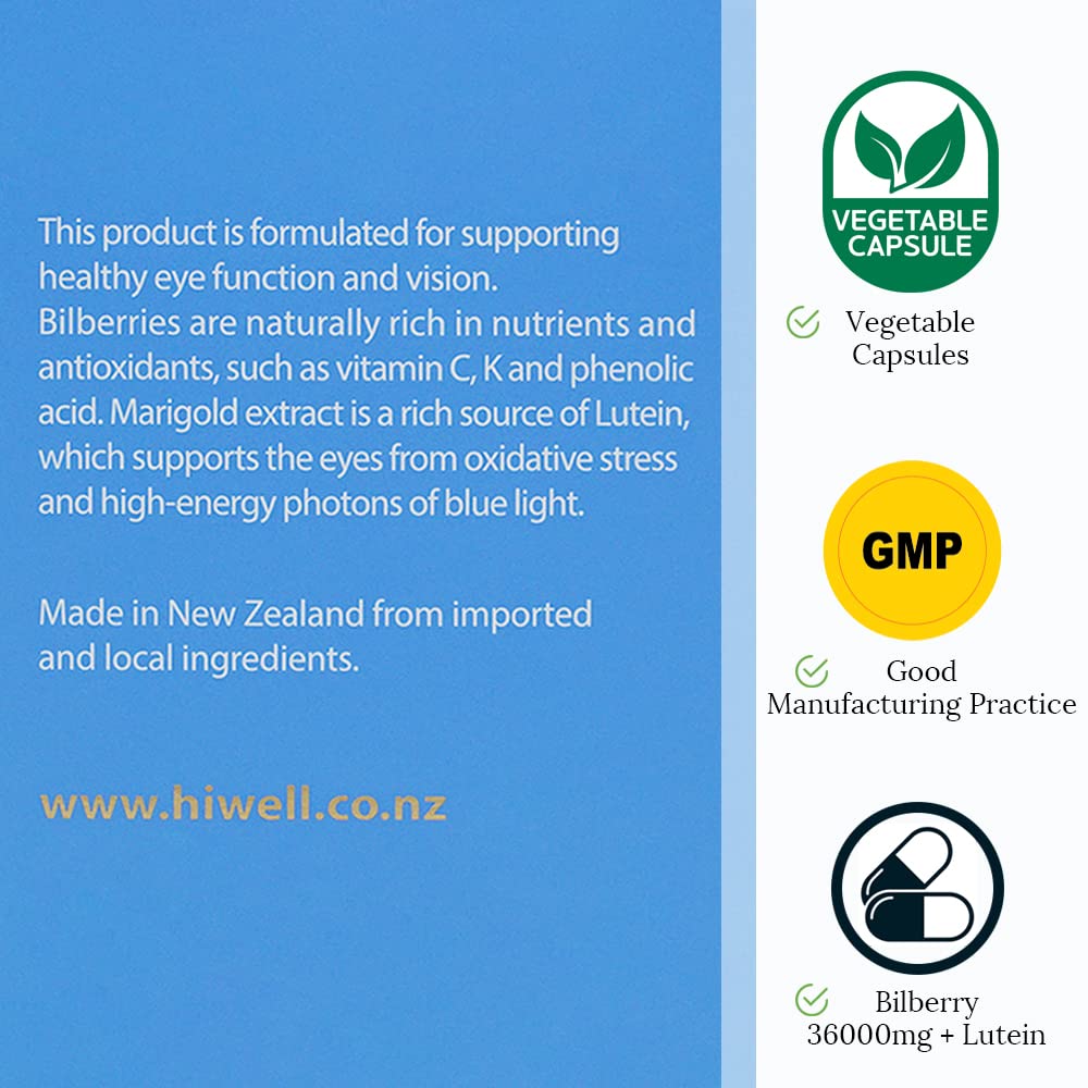 Hi Well Pure & Natural New Zealand Premium Bilberry 36000 + Lutein 12mg Capsules, 60 Count