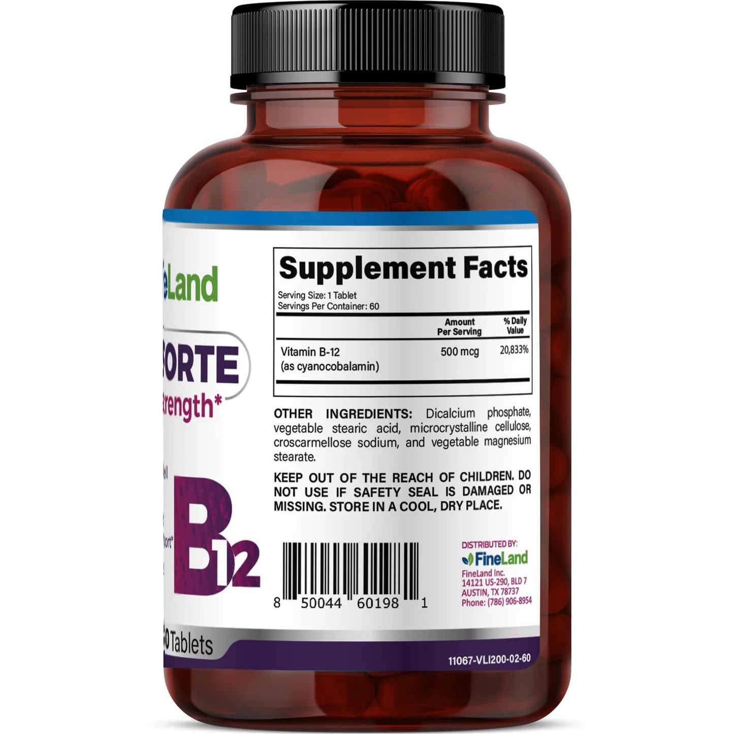 FineLand B-12 Forte Vitamin B12 500mcg (Cyanocobalamin) - Essential Nutrient Support for Energy Metabolism and Daily Vitality - Vegan Formula, 60 Tablets