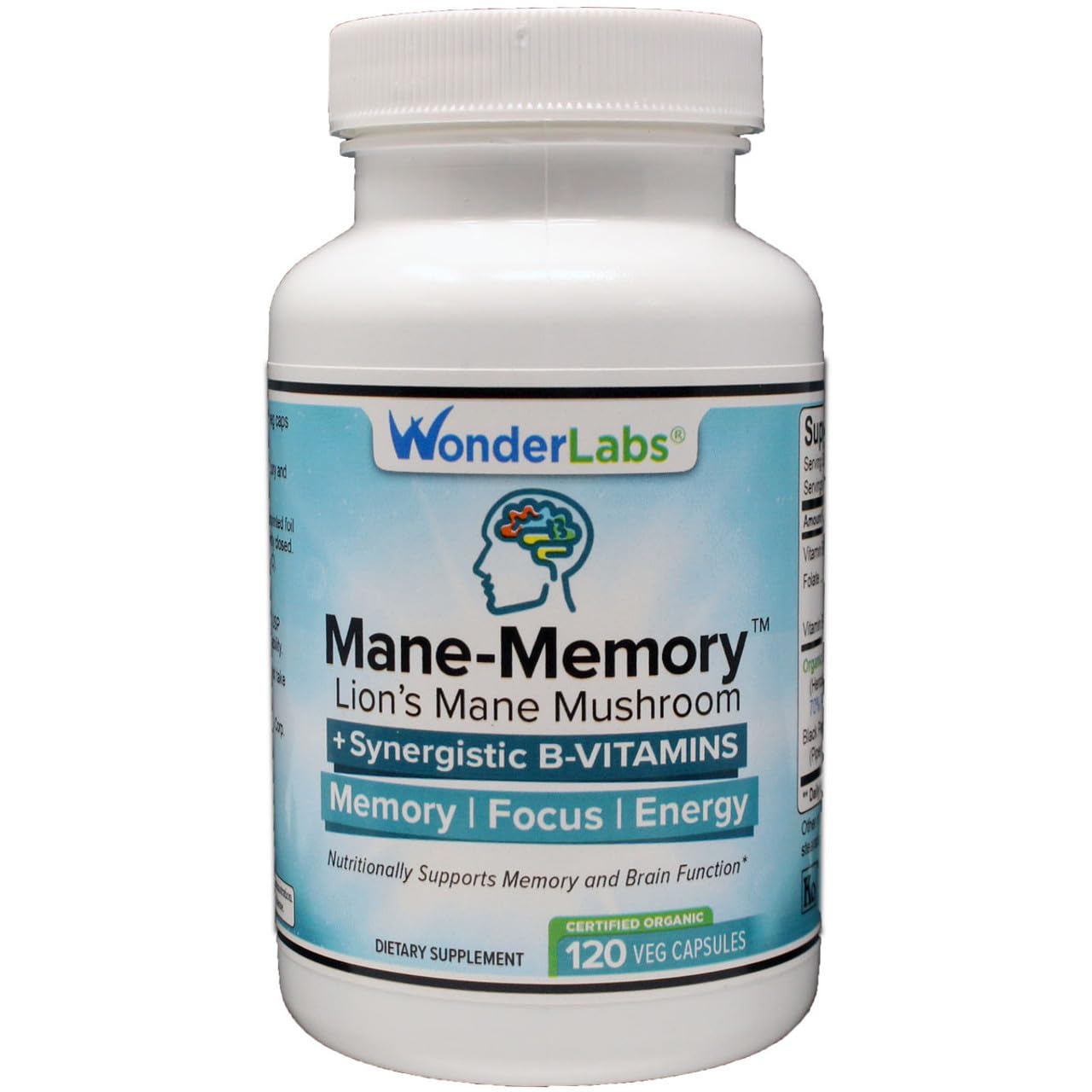 Wonder Laboratories Lions Mane Mushroom 1100mg Mycelium & Fruiting Body - Nutritionally Supports Memory and Brain Function Plus Essential B-Complex for Energy - 120 Capsules
