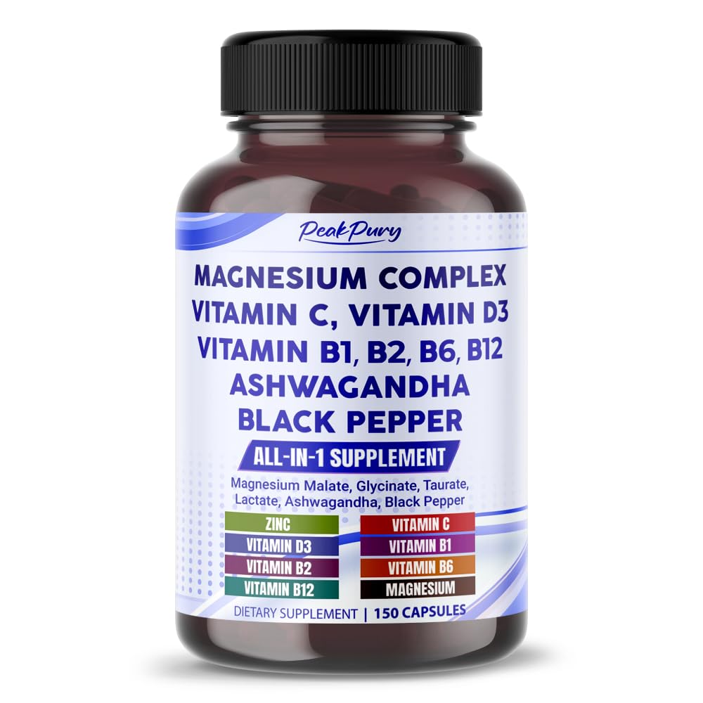 PEAKPURY Magnesium Complex with 5-HTP, Ashwagandha, Saffron & Chamomile – Relaxation & Mood Support Capsules, 150 Count