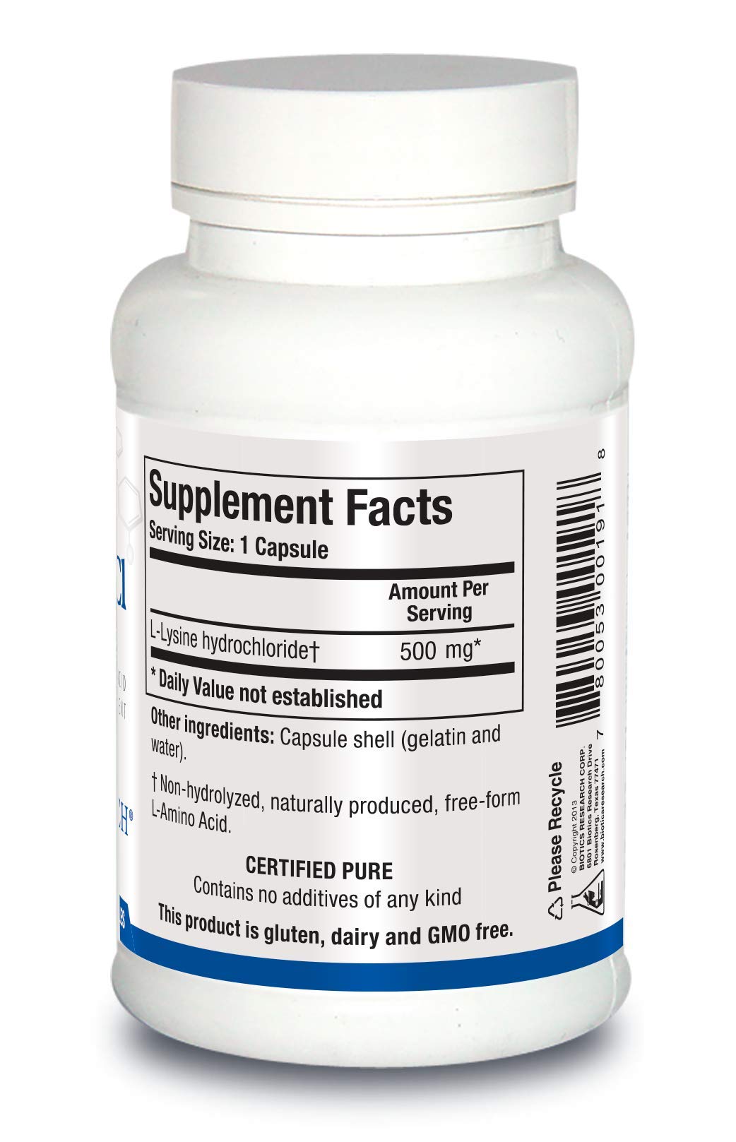 Biotics Research L-Lysine HCl Amino Acid Supplement Capsule 100 Capsules