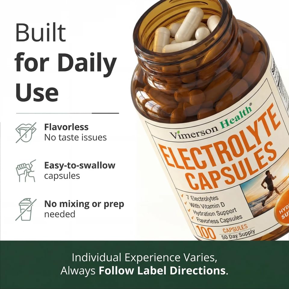 Vimerson Health Electrolyte Capsules with Sodium Potassium Magnesium Calcium – Hydration Support with Vitamin D & BioPerine for Absorption – Flavorless – 100 Vegetable Capsules