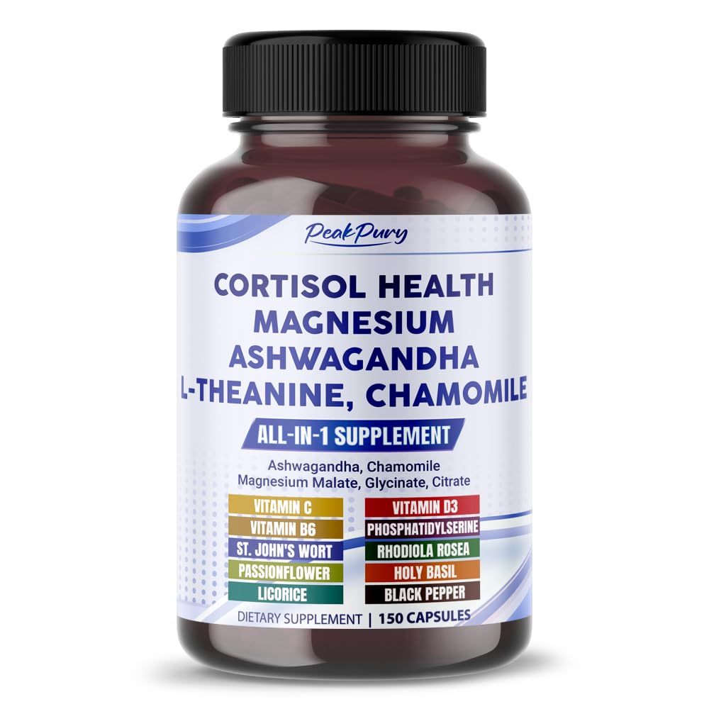 PEAKPURY Cortisol Health Ashwagandha Magnesium Chamomile L-Theanine Capsules 150 Count