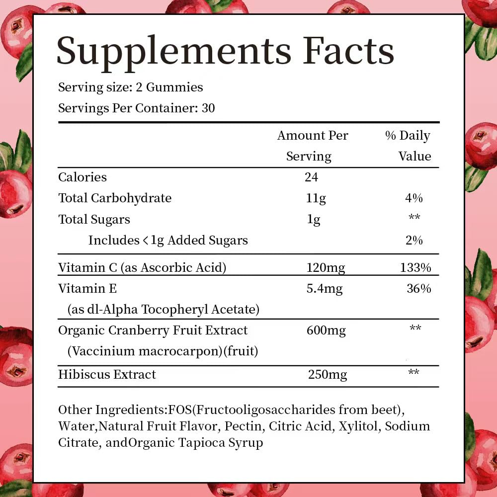 IIEltruiom Cranberry 600mg with Vitamin C & E Hibiscus Blend Sugar Free Gummies 120