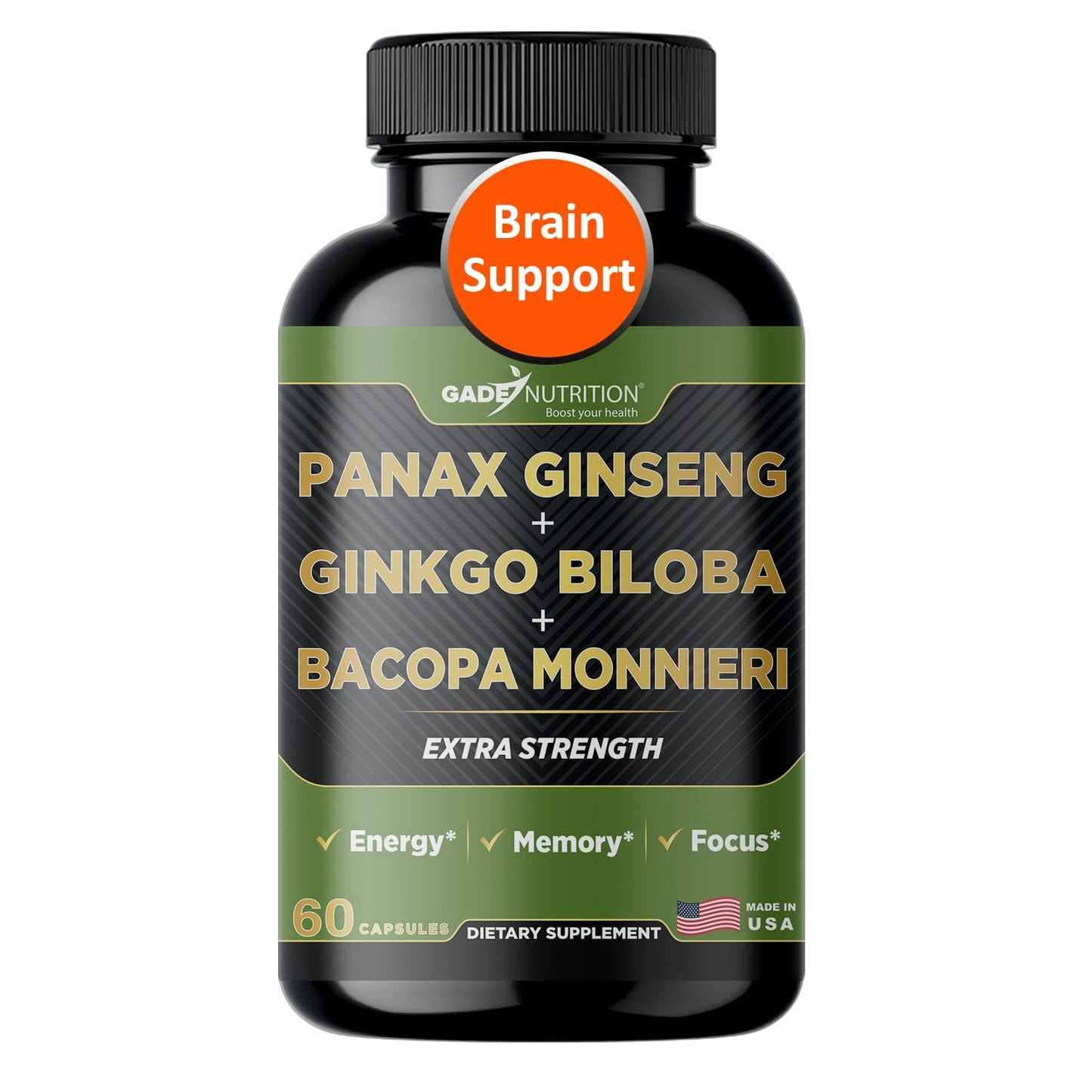 GADE NUTRITION BOOST YOUR HEALTH Ginkgo Biloba with Ginseng Supplement and Bacopa Monnieri Capsules, 60 Count