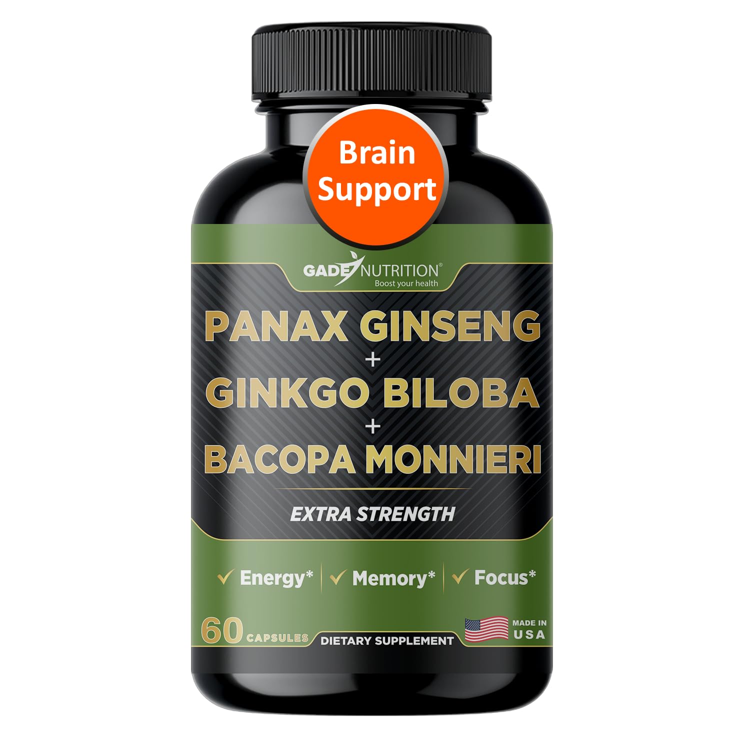 GADE NUTRITION BOOST YOUR HEALTH Ginkgo Biloba with Ginseng Supplement and Bacopa Monnieri Capsules, 60 Count