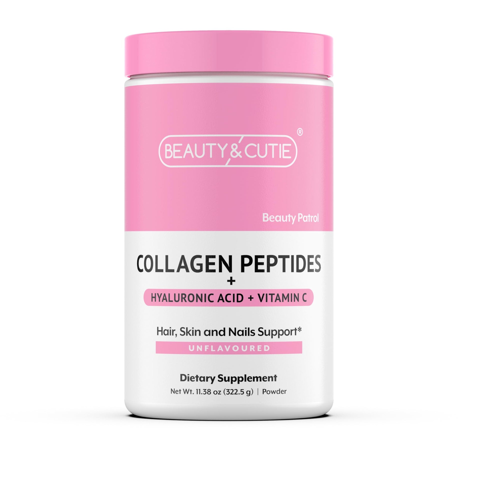 BEAUTY AND CUTIE Collagen Peptides 10g with Hyaluronic Acid 120 mg and Vitamin C Powder, Hair, Skin and Nails Support, Grass Fed, Unflavored, 11.38 oz