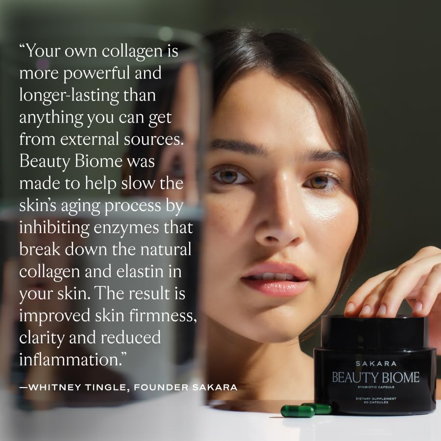 SAKARA Beauty Biome Daily Synbiotic Supplement for Skin + Gut Health with Probiotic, Dermaval, Vitamins A, D, E, Antioxidants, Prebiotics & Enzymes Capsules 60