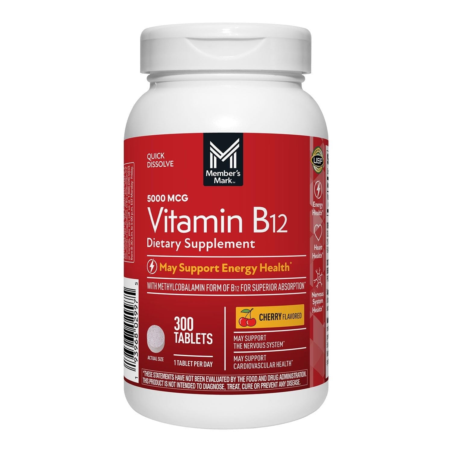 Member’s Mark Vitamin B12 Quick Dissolve Tablets, Cherry, 300 Count, 2 Pack