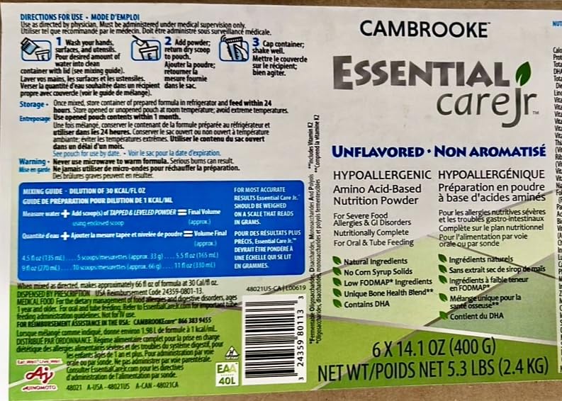 Cambrooke Essential Care JR Unflavored Hypoallergenic Amino Acid-Based Nutrition Powder, 6 Packages