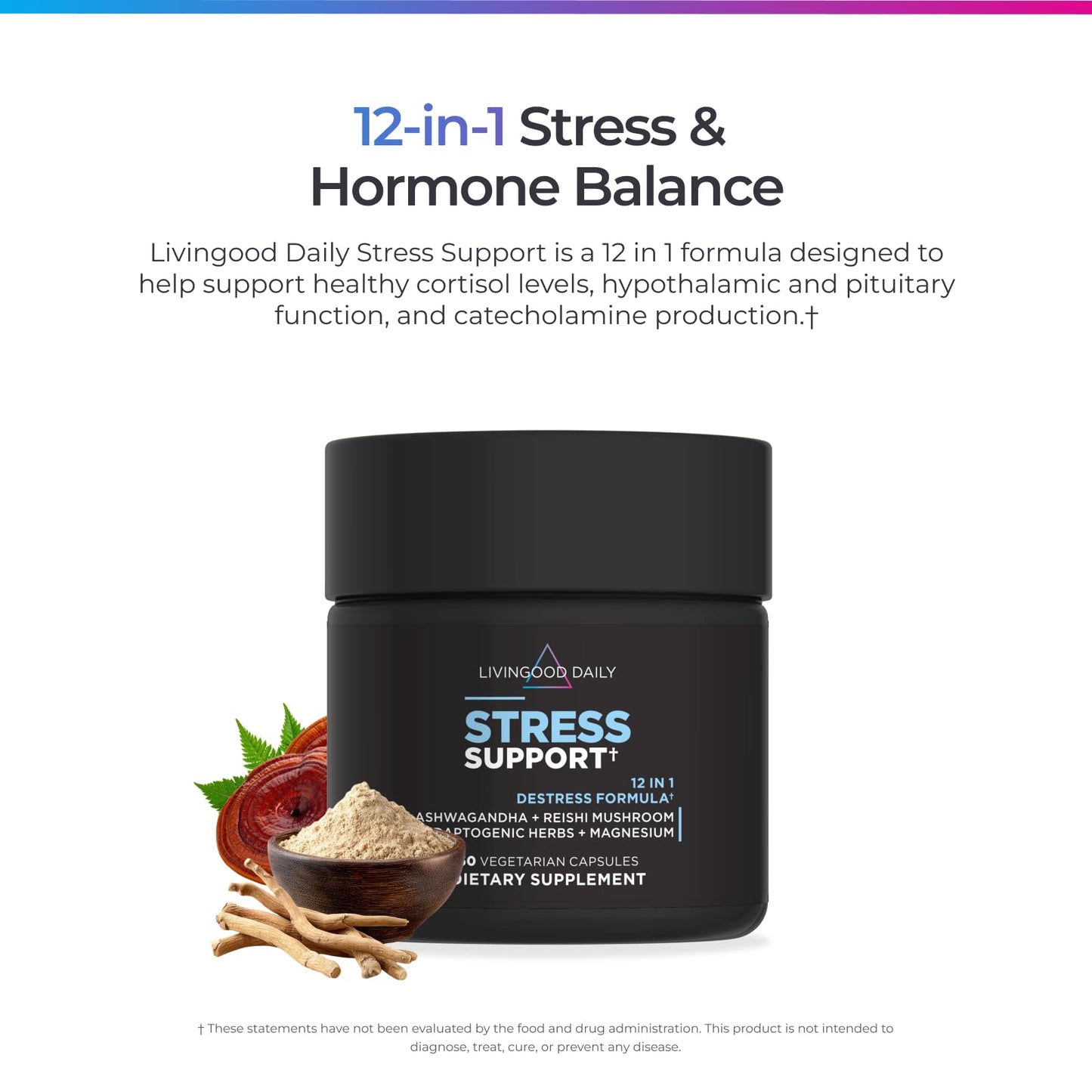 Livingood Daily Stress Support Supplement with Ashwagandha, 60 Capsules