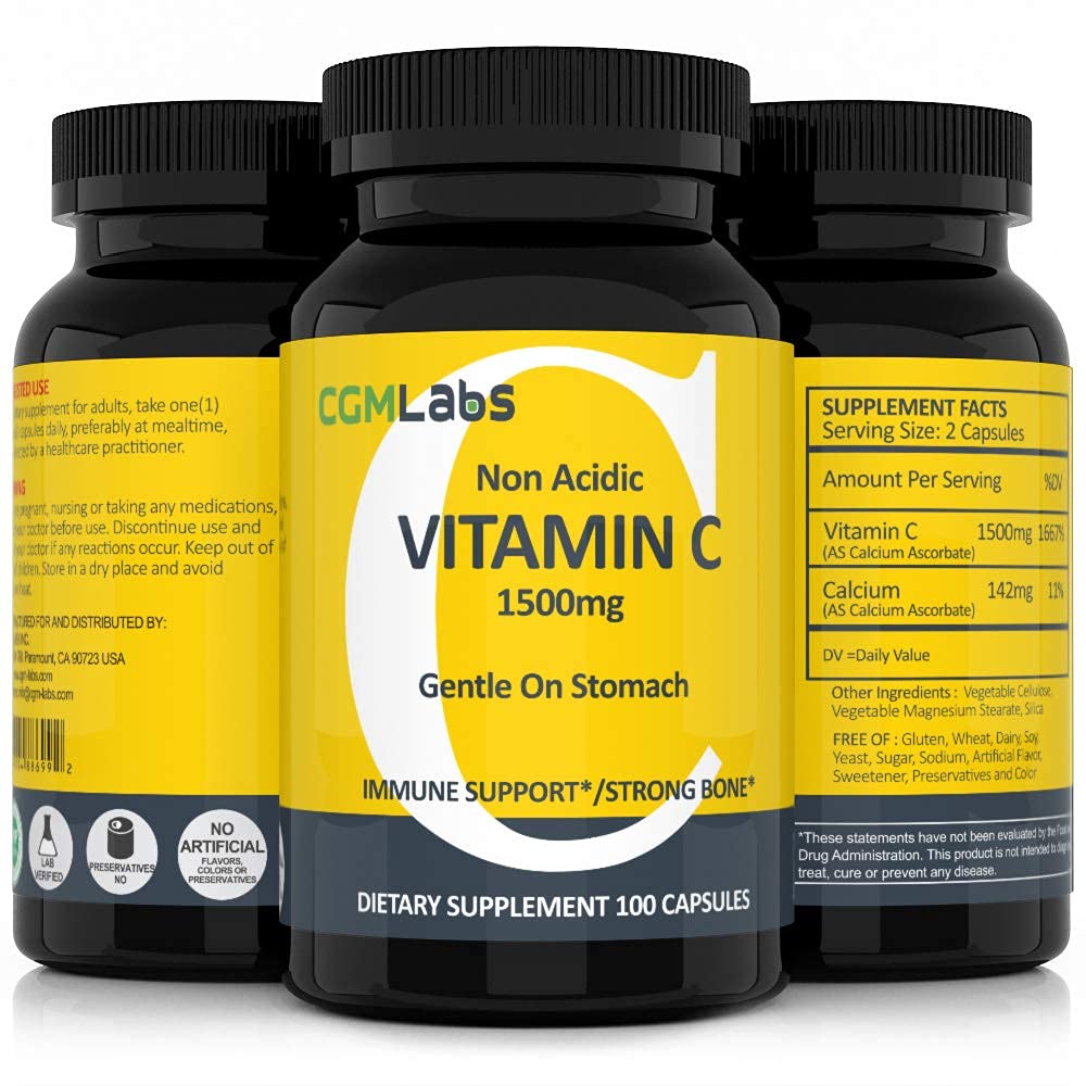 CGMLABS Non Acidic Vitamin C Dietary Supplement 1500mg with Calcium Capsules, 100 Count