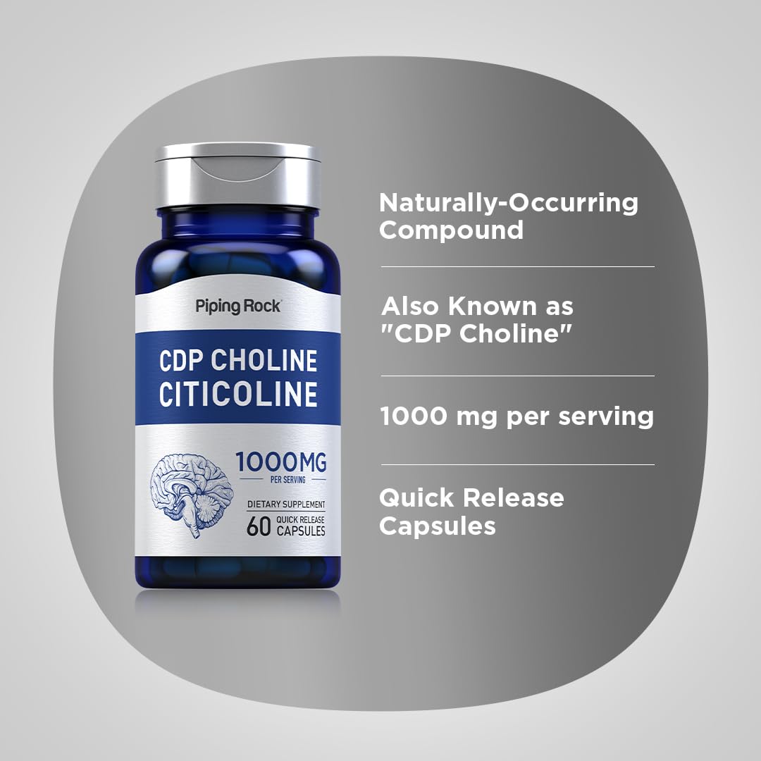 Piping Rock CDP Choline Citicoline 1000mg Quick Release Capsules 60 Count