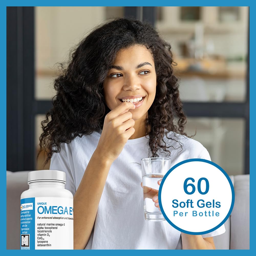 UNIQUE E Omega E+ Fish Oil Supplement with Marine Omega-3 Fatty Acids, Vitamin E, Vitamin D3, and CoQ10 Softgels 60