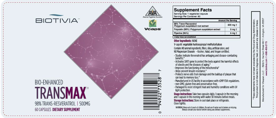 Biotivia Transmax 1000mg 98% Trans-resveratrol + Polydatin + Piperine, 60 Capsules
