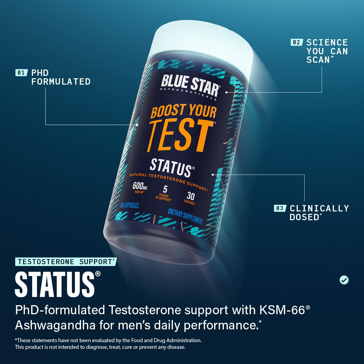 Blue Star Nutraceuticals Status Testosterone Support for Men, 90 Capsules