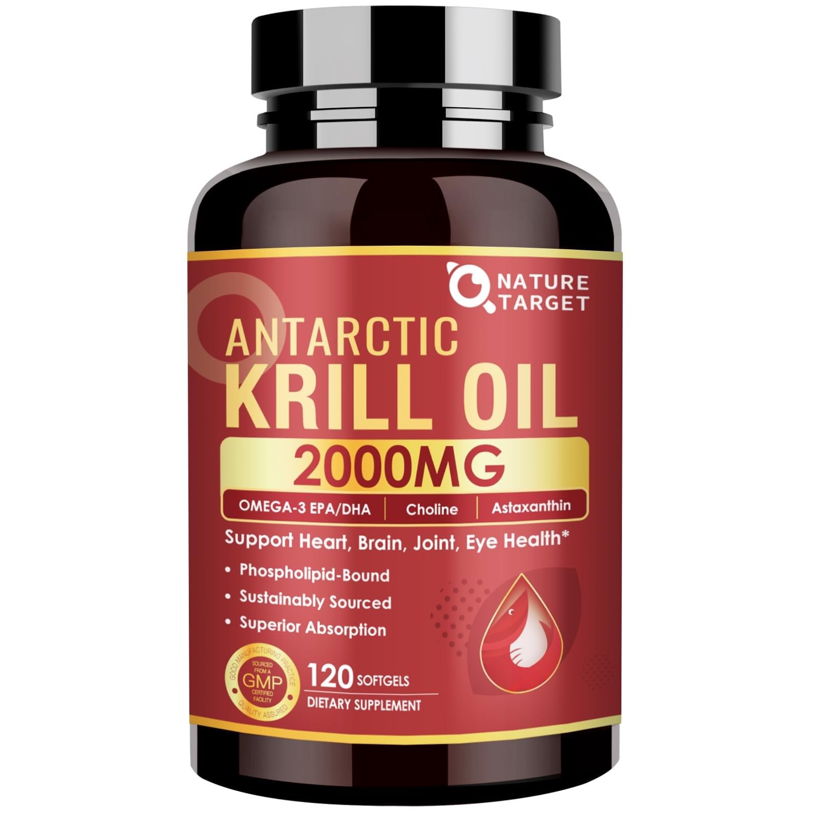 Nature Target Krill Oil 2000 mg with Omega-3 EPA & DHA with Astaxanthin & Choline Softgels 120