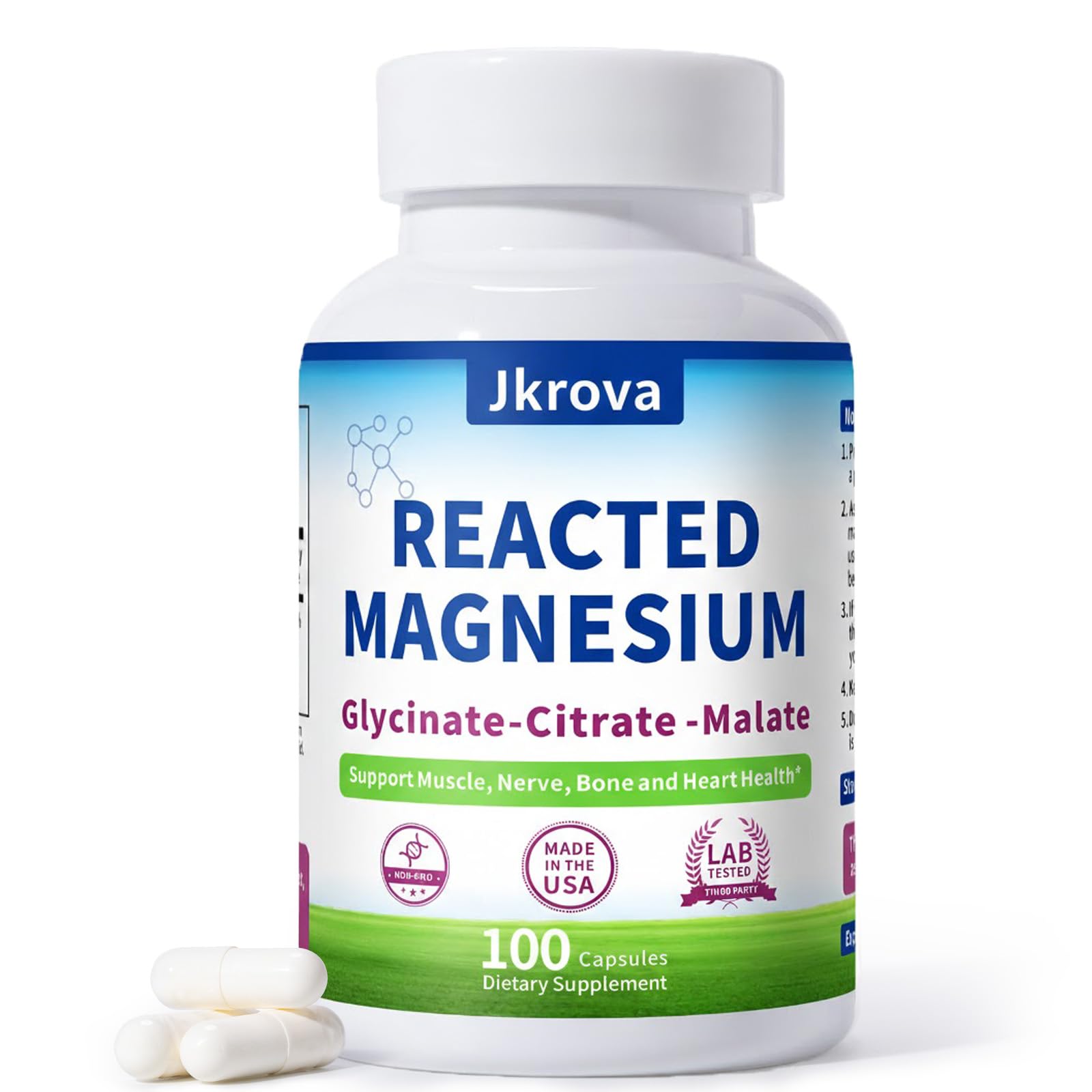 Jkrova Reacted Magnesium & Potassium - High Absorption Magnesium Supplement with Magnesium Citrate, Glycinate, Malate Capsule, 100 Capsules