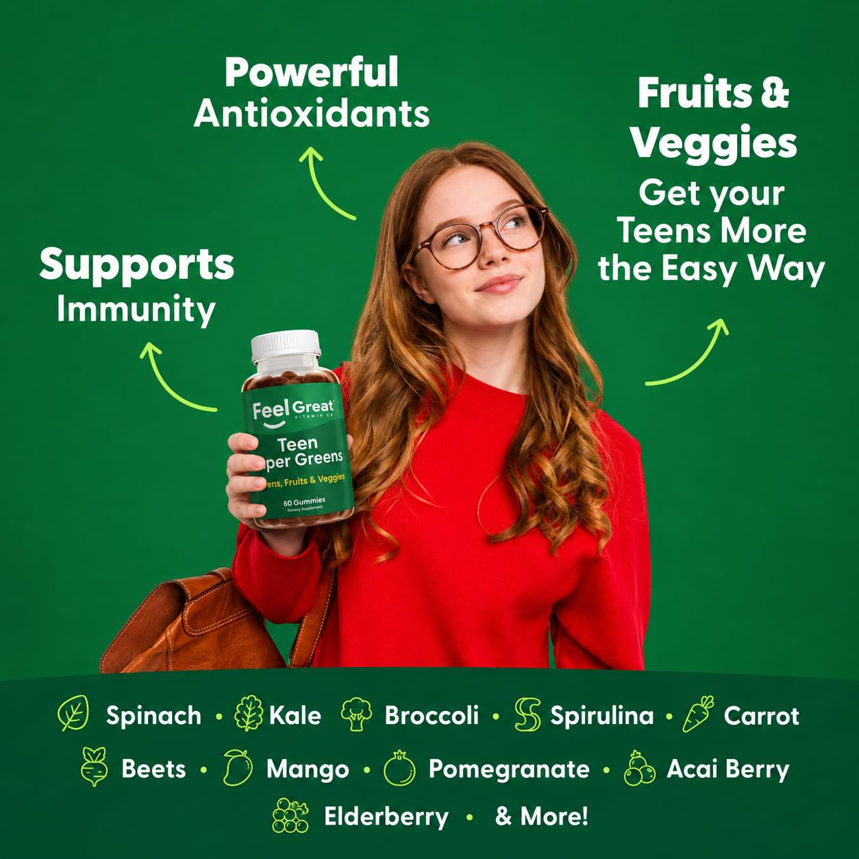 The Feel Great Vitamin Company Feel Great Super Green Gummies Teen Vitamins Gummy 60 Count