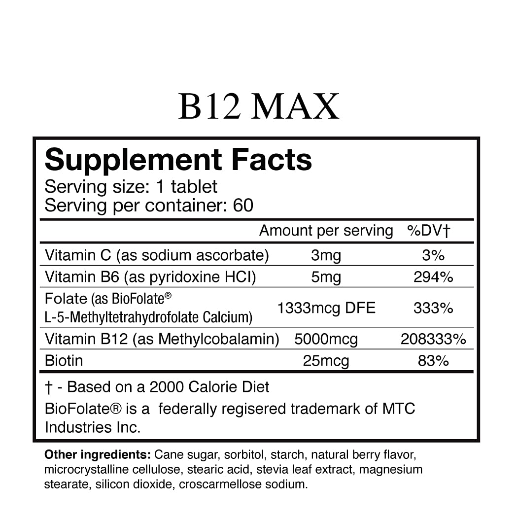 Wellgenix Bio-Available Sublingual B12 Max - Formulated for High Absorption - Nutritional Multivitamin B12, B6, Folate - Fast Dissolve Tablets, 60 Count