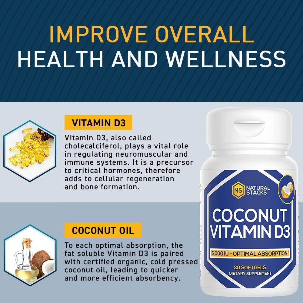 Natural Stacks Vitamin D3 5000 IU with Coconut Oil for Optimal Absorption, Capsules, 30 Count