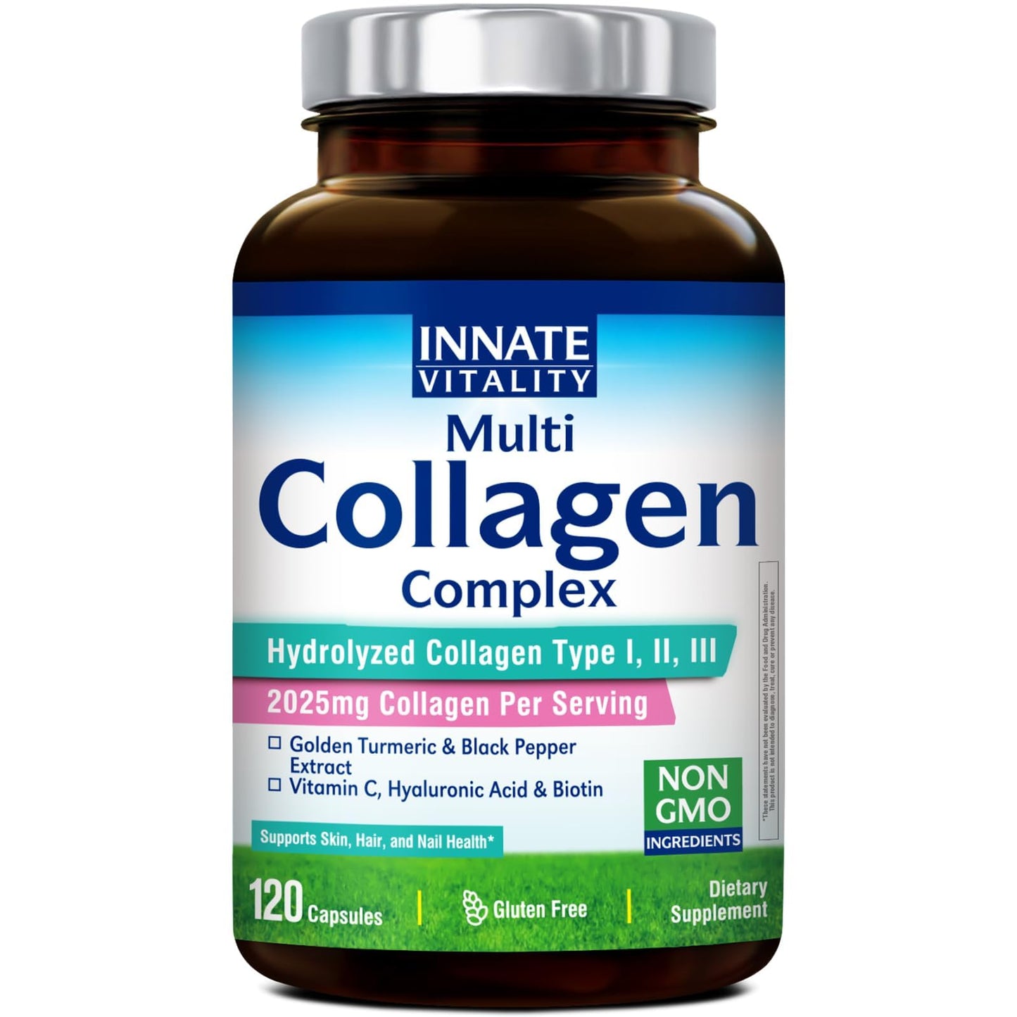 Innate Vitality Multi Collagen Peptides Type I, II, III, Vitamin C, Biotin, Hyaluronic Acid & Turmeric, 2025mg Hydrolyzed Collagen for Women & Men, Skin, Hair & Nail Support Capsules, 120