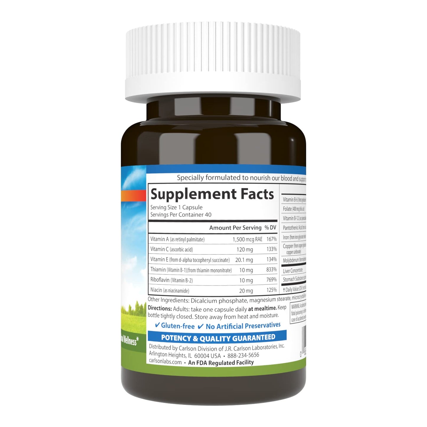 Carlson Blood Nutrients 28 mg Iron, Blood Development, Iron Absorption & Optimal Wellness, 40 Capsules