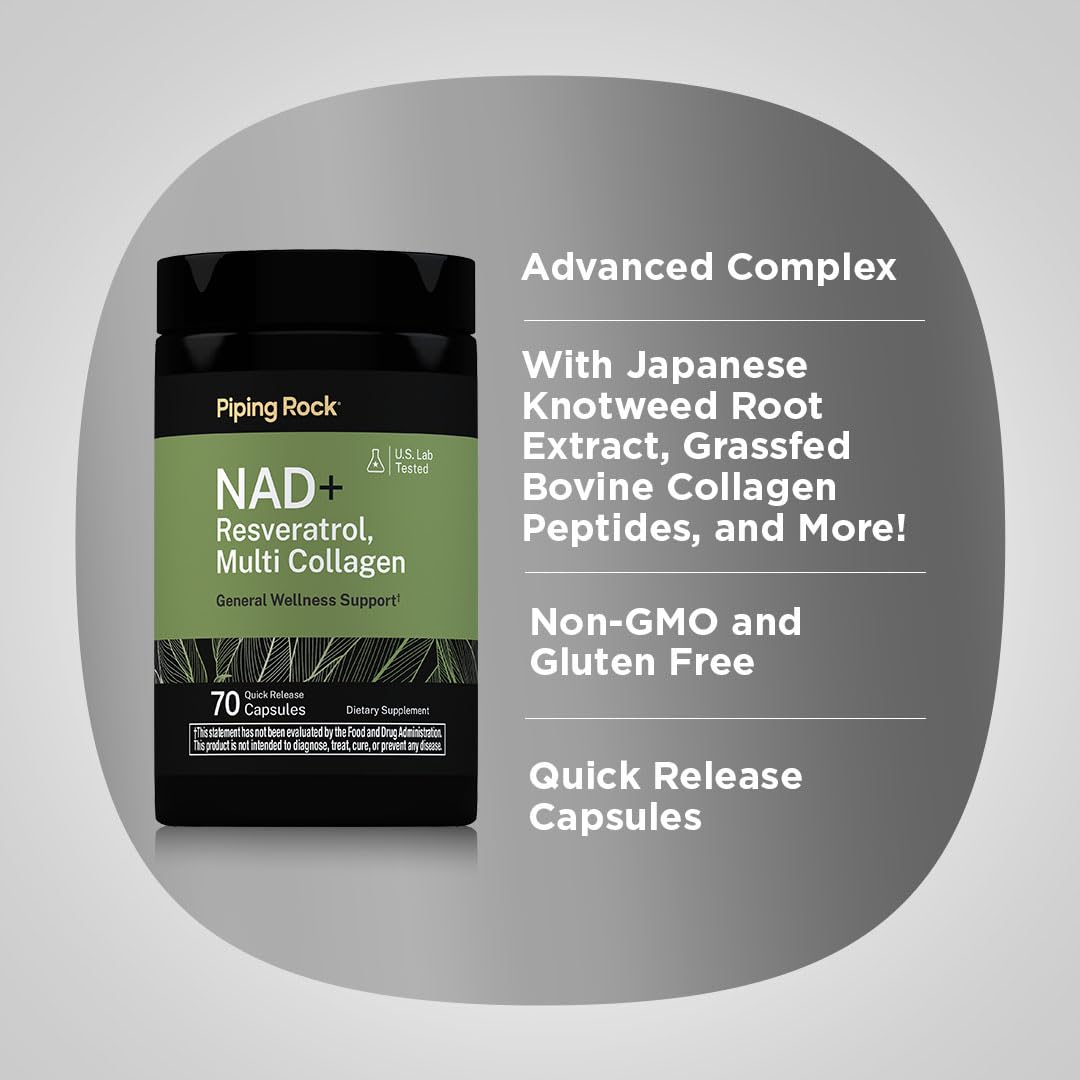 Piping Rock NAD Resveratrol Supplement Plus Collagen Capsules 70 Count