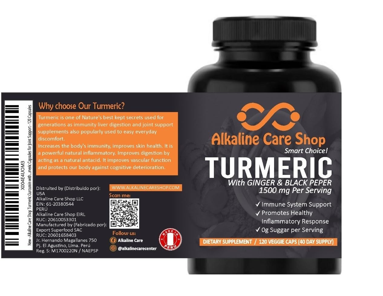 Alkaline Care Shop Turmeric Curcumin Supplement 1500mg with Organic Turmeric, Ginger & Black Pepper Capsule 1 Count