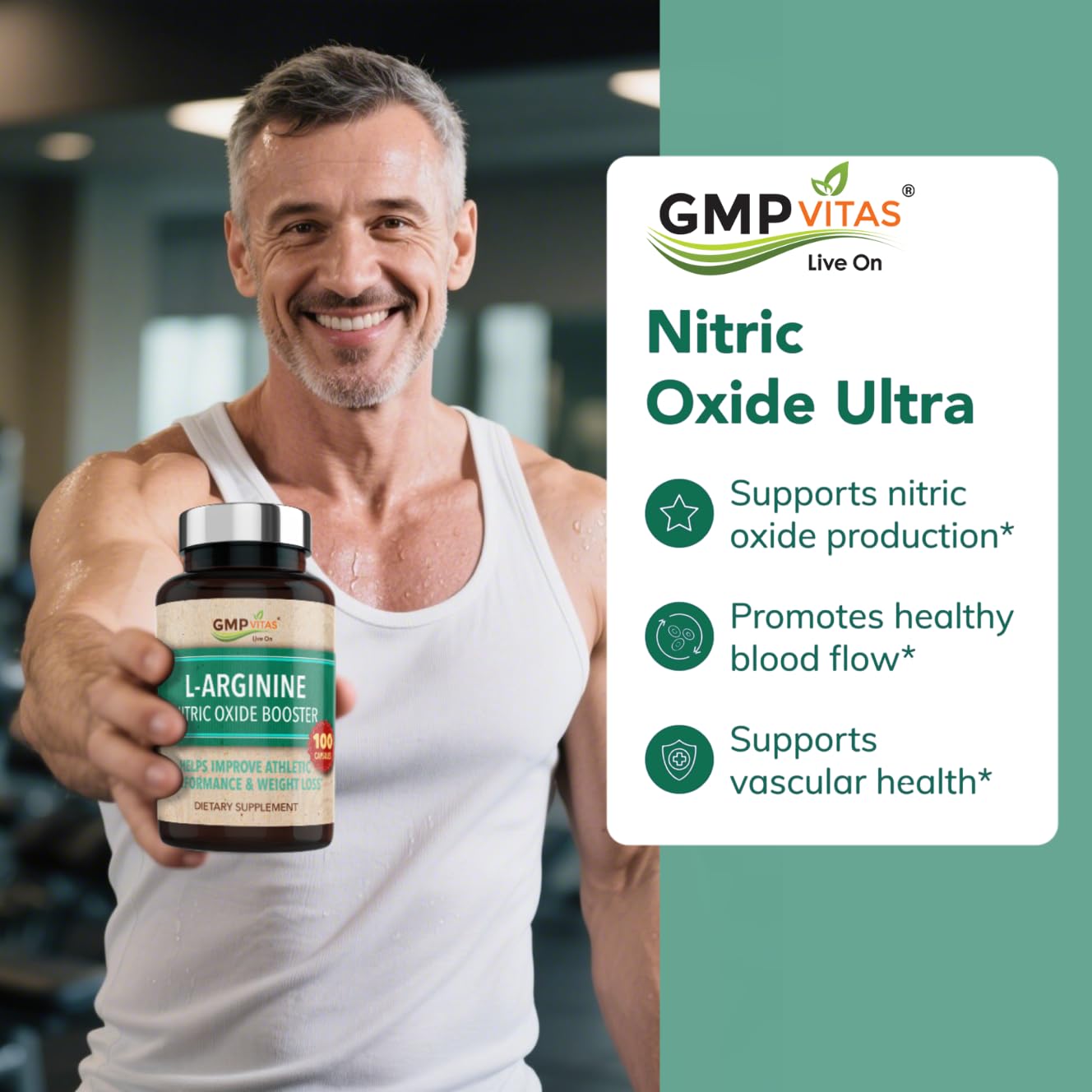 GMP Vitas Nitric Oxide Supplement 1000mg with L-Arginine Supports Blood Pressure Heart & Brain Health Joint Pain Relief & Bone Strength Cardiovascular Circulation Booster Capsules - 100 Capsules