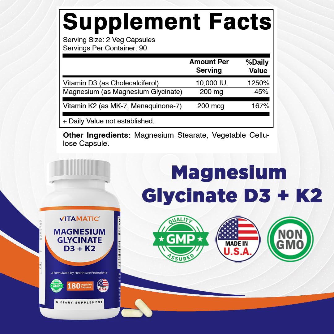 Vitamatic Magnesium Glycinate 200 mg (Elemental) with Vitamin D3 5000 IU & K2 200 mcg Capsules, 180 Count