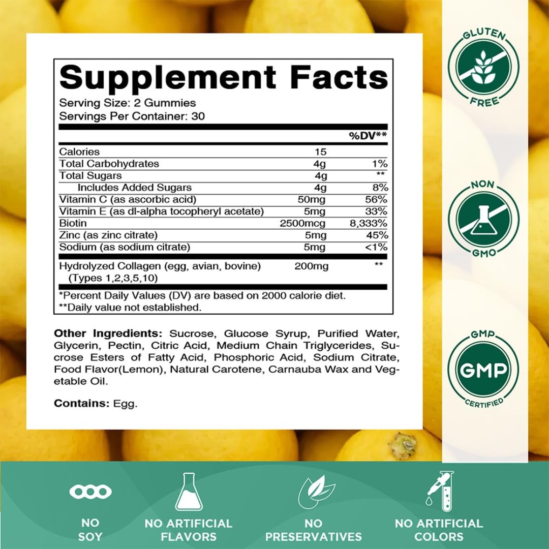Vitamatic Hydrolyzed Collagen Gummies with Vitamin C, Zinc and Biotin, 200 mg, 60 Gummies